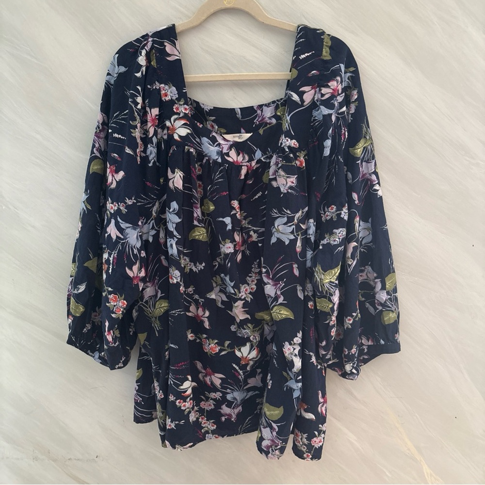 Terra & Sky Women’s 4X 28W-30W Navy Floral Square Neck 3/4 Sleeve Blouse Boho